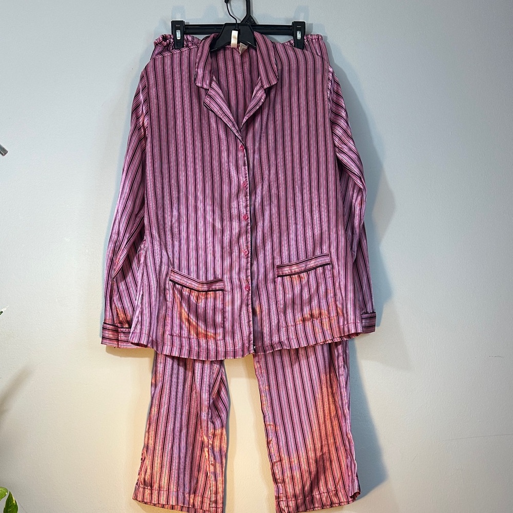 Ambrielle Pink Multicolor Striped Long Sleeve Silky Satin 2 Pc Pajama Set size L